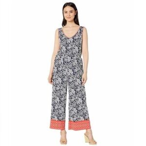 🎉Max Studio Navy/White/Red Printed Jersey Palm Jumpsuit XL EUC